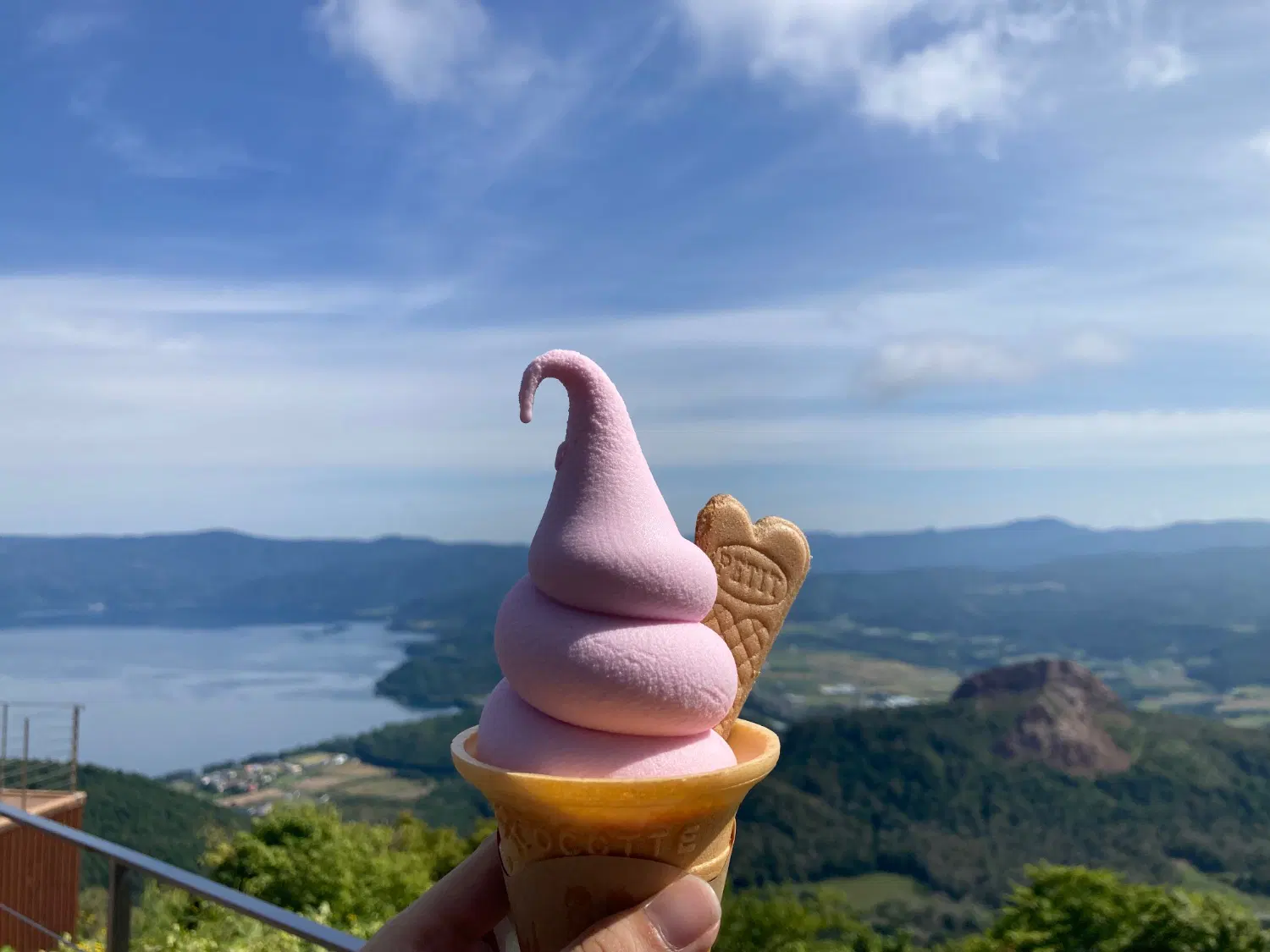 赤ジソのソフトクリームと、奥に広がる洞爺湖と昭和新山